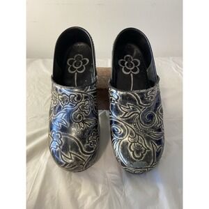 Women's Sahita Leather Blk & Ivory Floral Comfort Denmark Clogs-Size  39-8.5